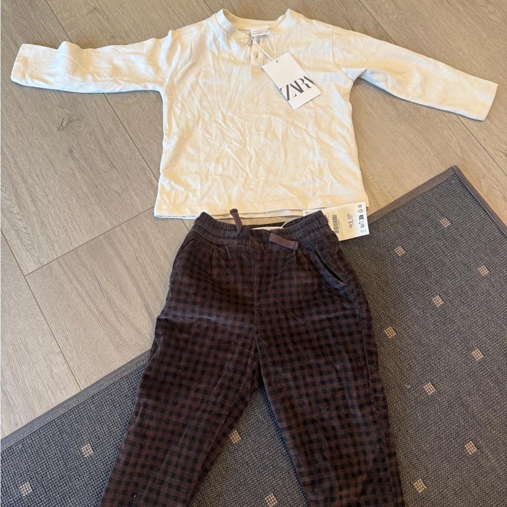 Zara Cream Long-Sleeve Top with Checkered Brown Velvet Pants for Toddler Boy